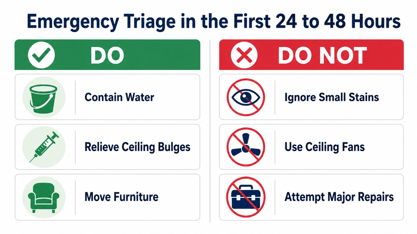 An infographic titled Emergency Triage in the First 24 to 48 Hours detailing water damage do's and don'ts.