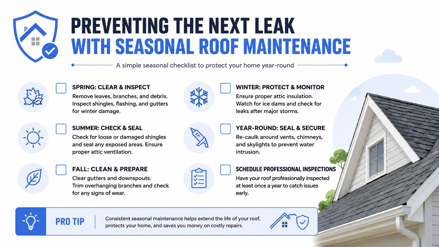 A seasonal roof maintenance checklist infographic providing tips to prevent leaks and protect homes year-round.