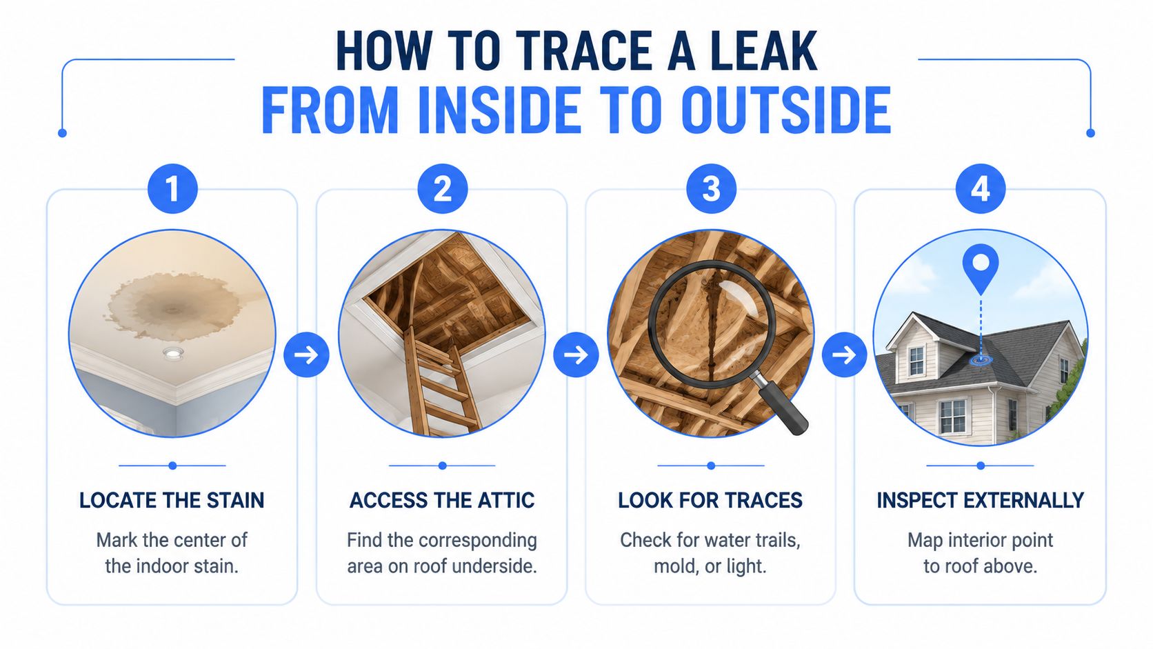A four-step infographic showing how to trace and locate a residential roof leak from inside to outside.