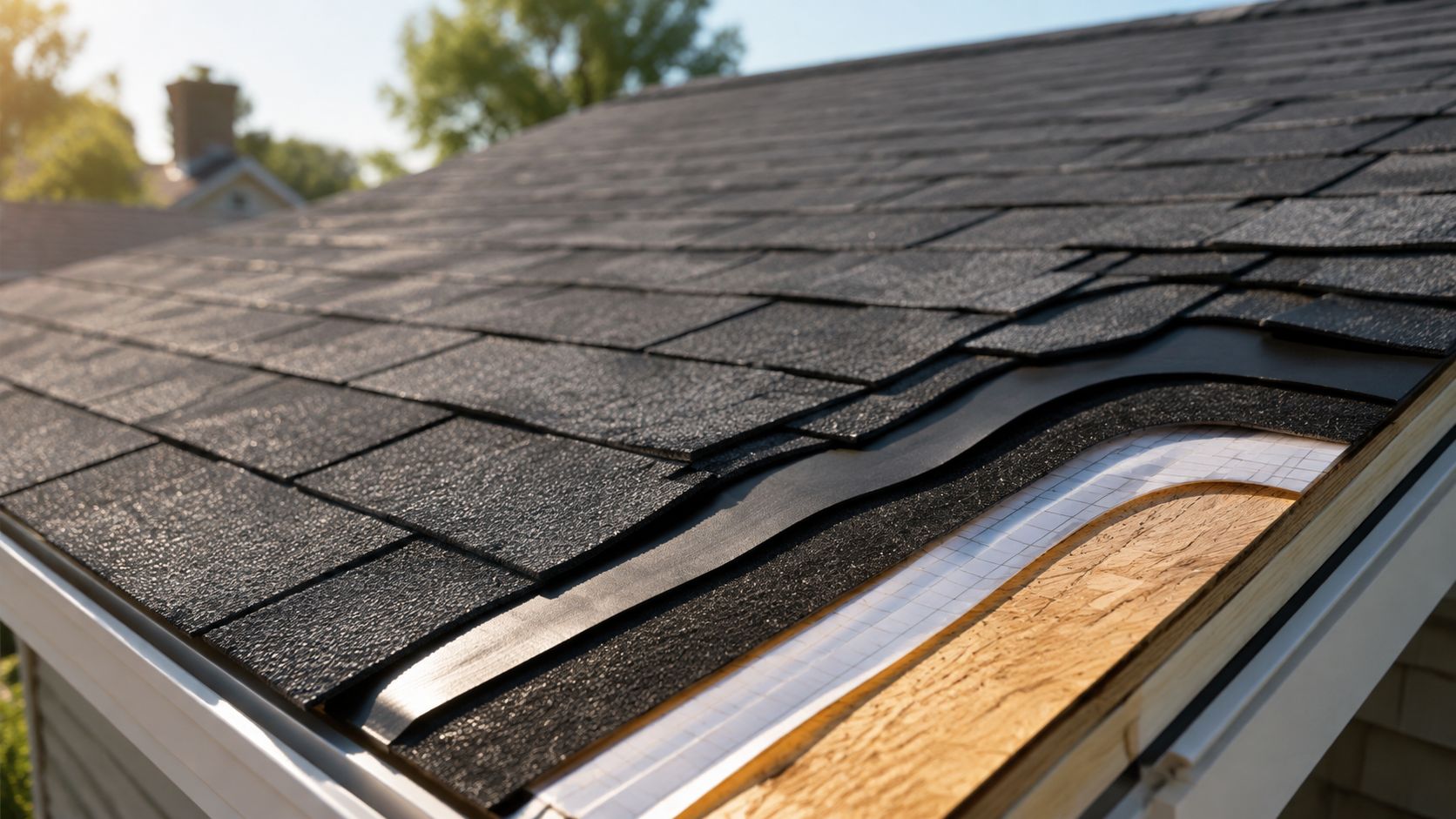 A close up view of a roof showing shingles, waterproof underlayment, and the wooden roof deck structure.