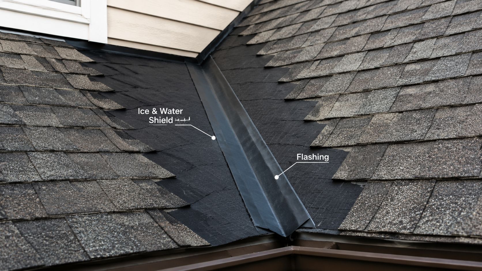 Roof valley installation showing waterproof ice and water shield underlayment and metal flashing under asphalt shingles.
