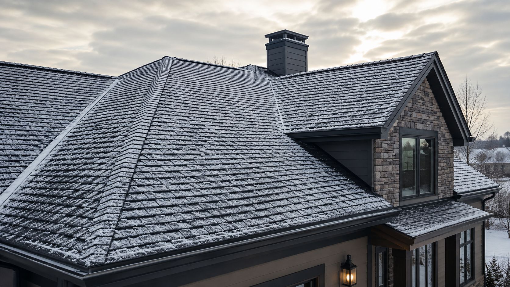 A house roof covered in light snow, featuring dark architectural shingles, a chimney, and stone siding details.