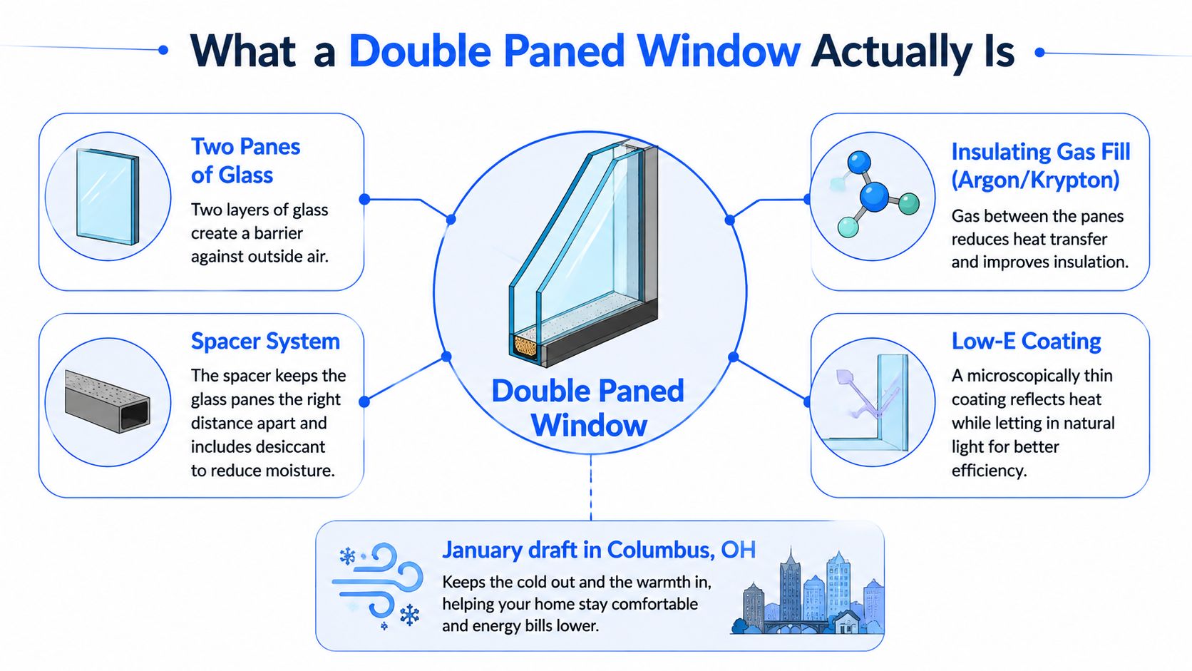 An infographic detailing the components of a double paned window, including glass, gas fill, spacers, and coatings.