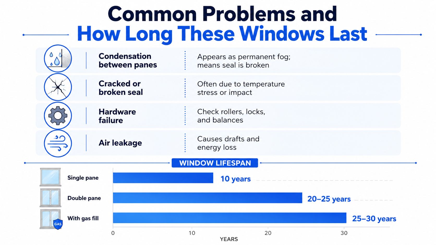 An infographic detailing common window problems and the average lifespan of single, double, and gas-filled windows.