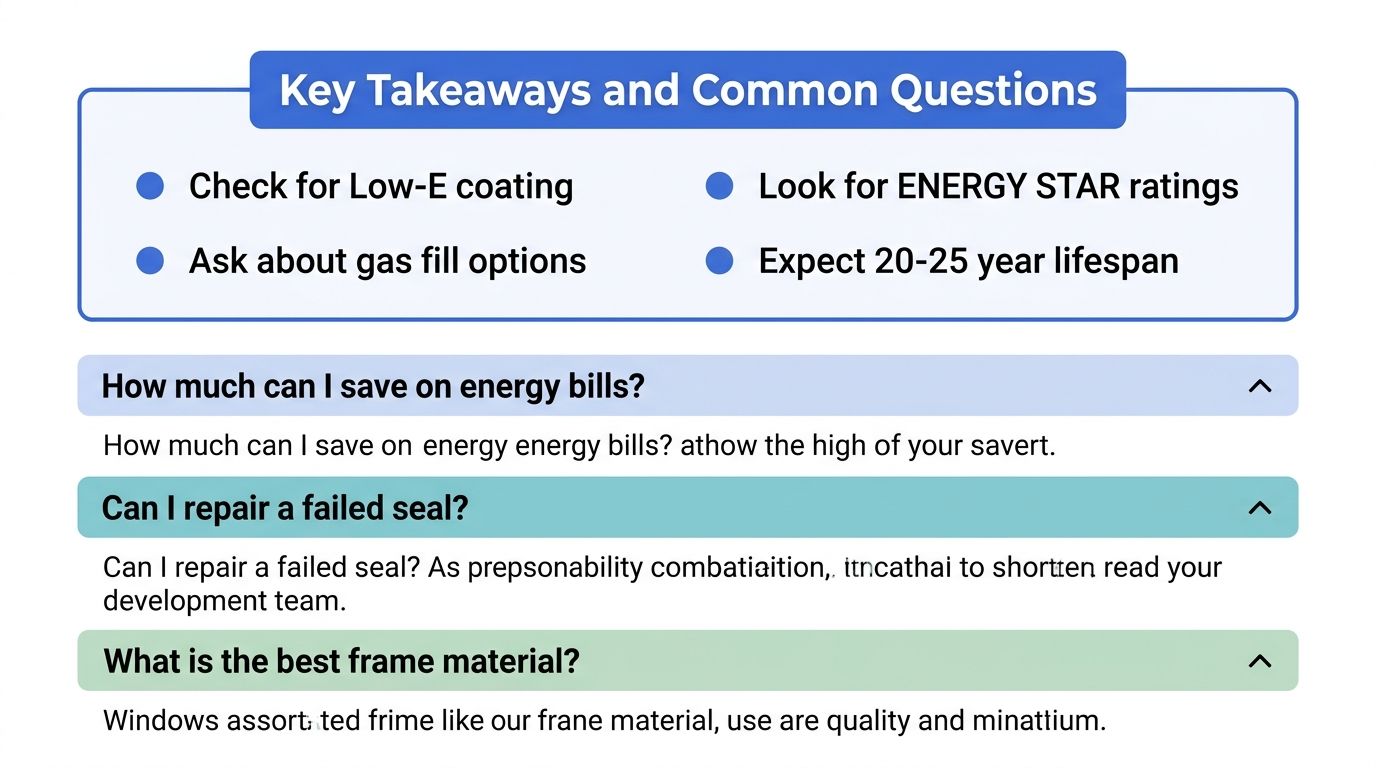 A graphic providing key takeaways and frequently asked questions about selecting and maintaining energy-efficient windows.