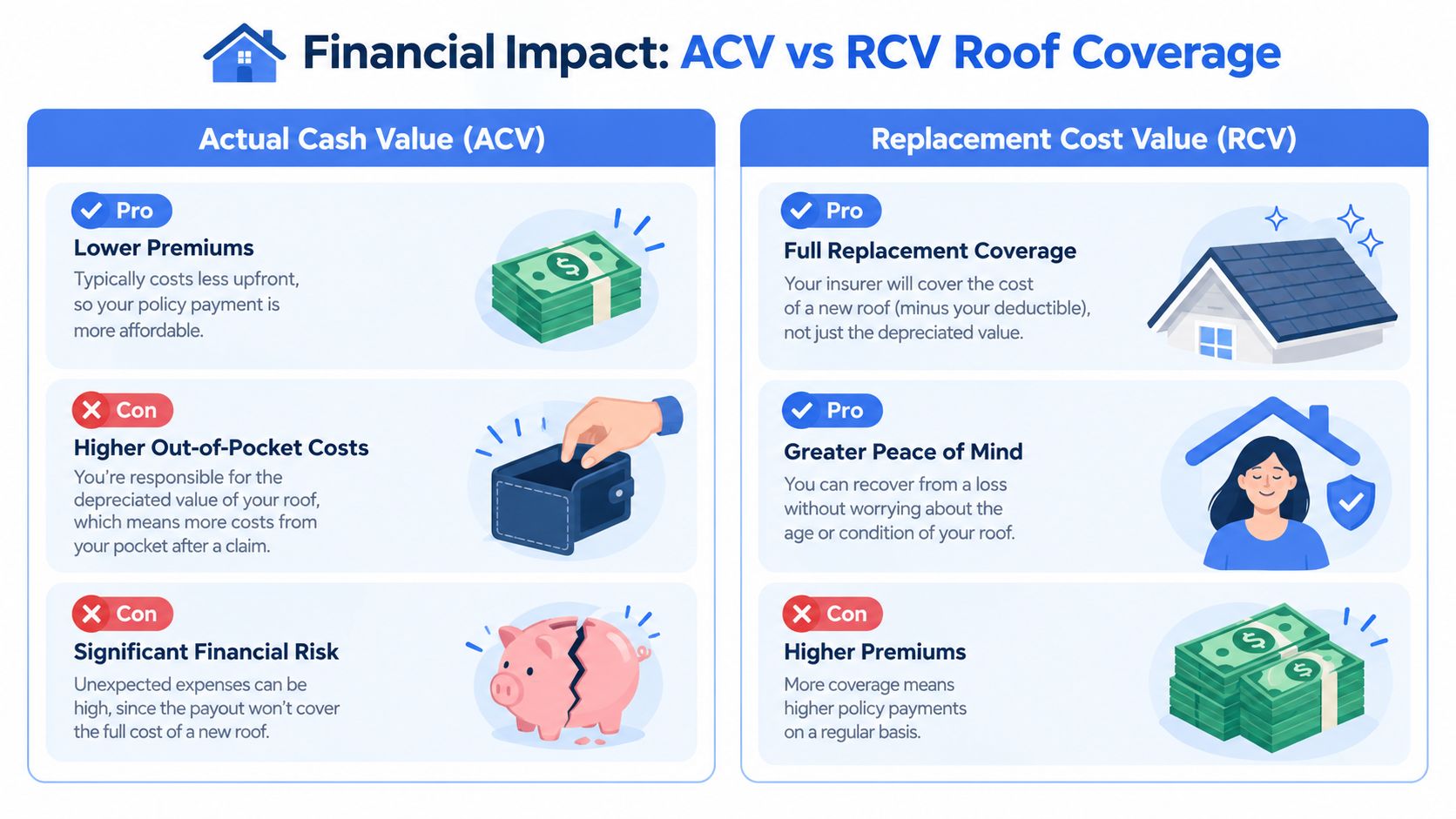 A comparison infographic showing the financial pros and cons of Actual Cash Value versus Replacement Cost roof insurance.