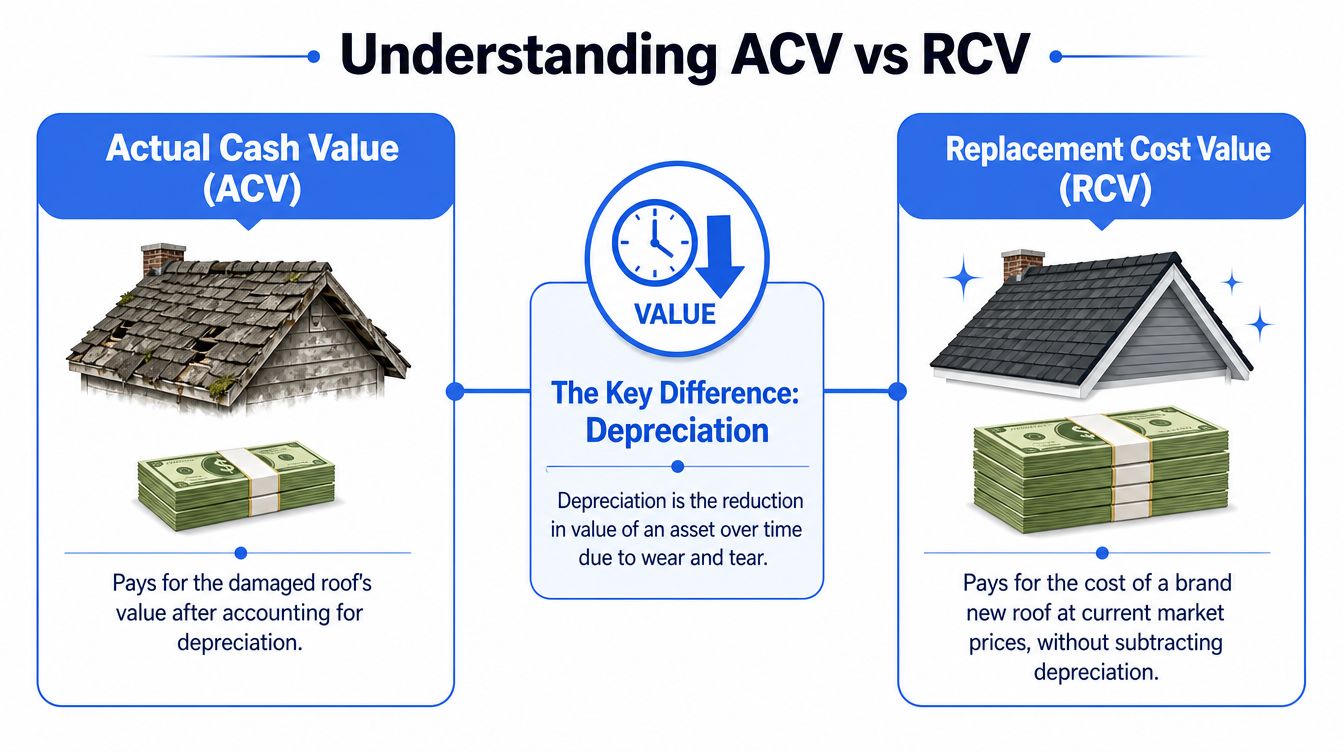 A comparison chart explaining the differences between Actual Cash Value and Replacement Cost Value for roof insurance claims.