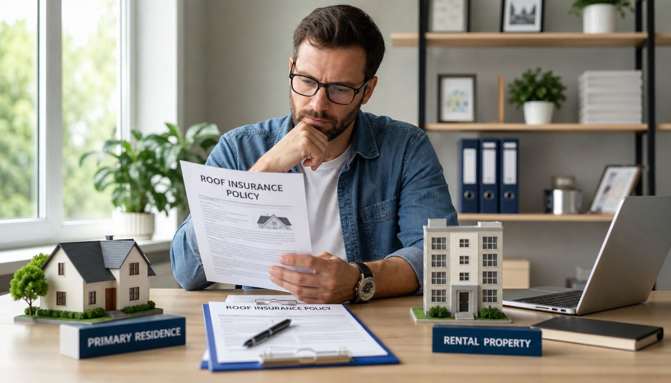 A man in a denim shirt examining roof insurance policy documents with miniature house models on desk.