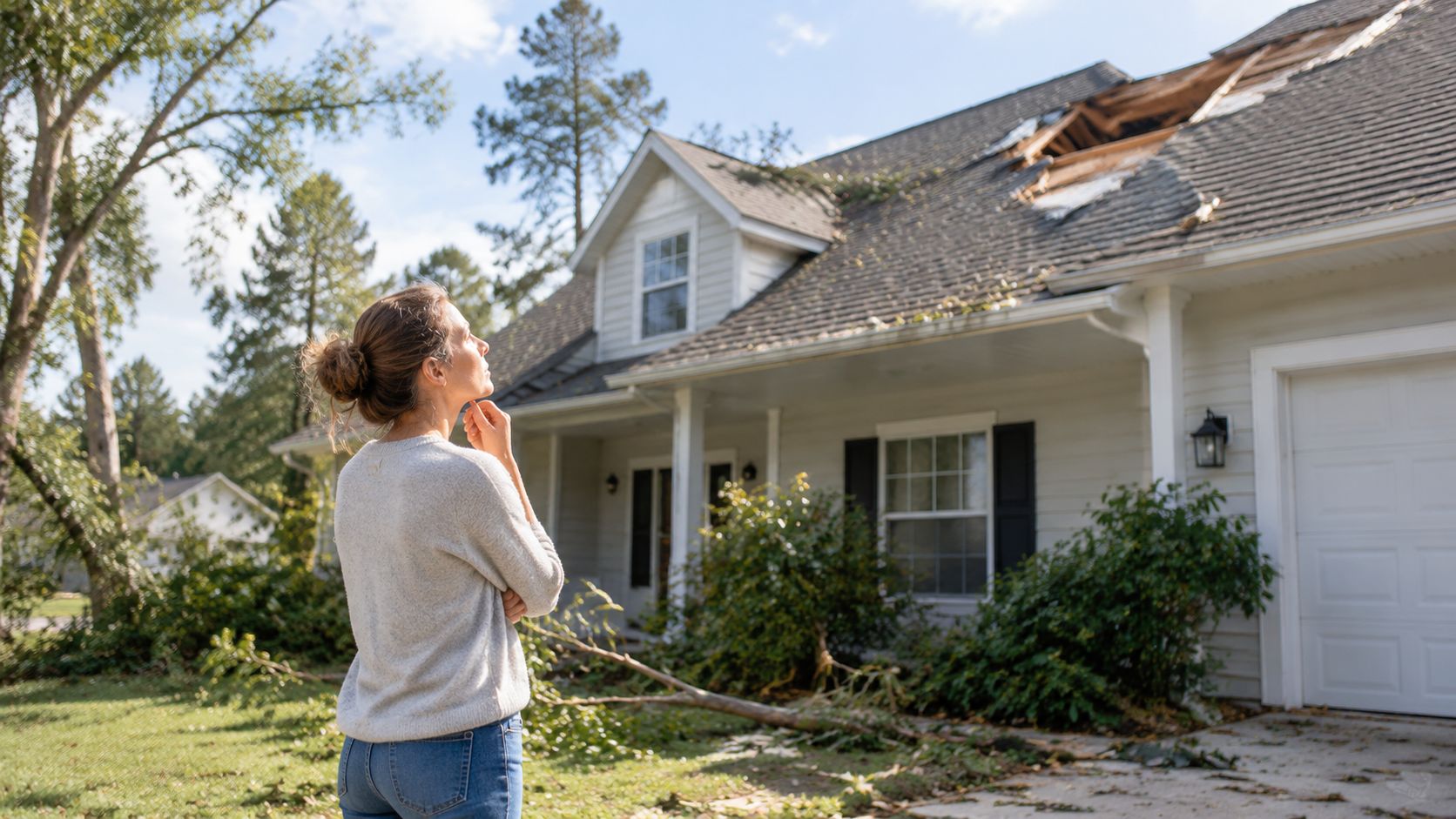 A concerned woman standing outside her house looking at extensive roof storm damage and fallen tree branches.