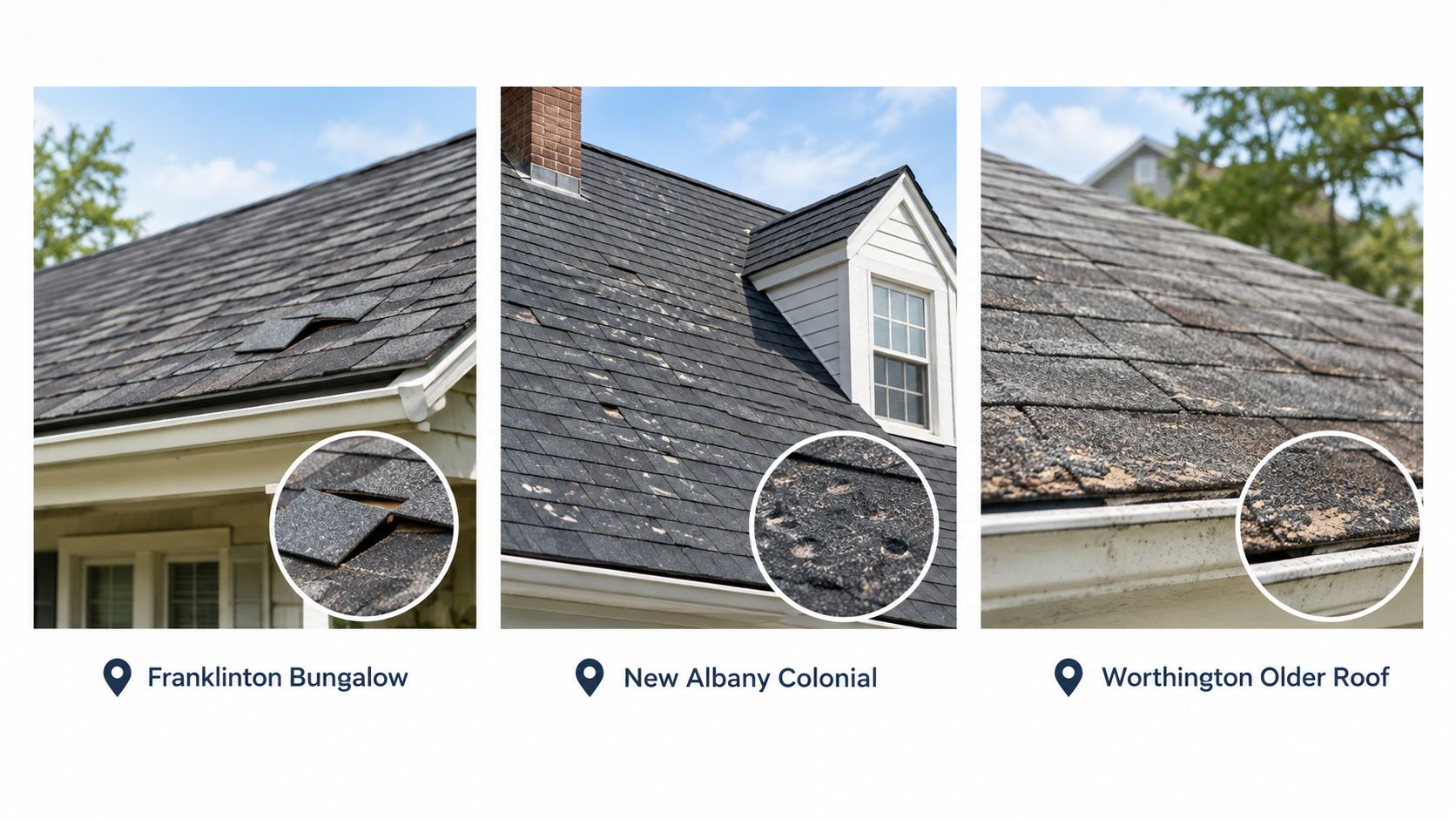 Three residential roofs showing common signs of asphalt shingle damage, wear, and potential repair needs.