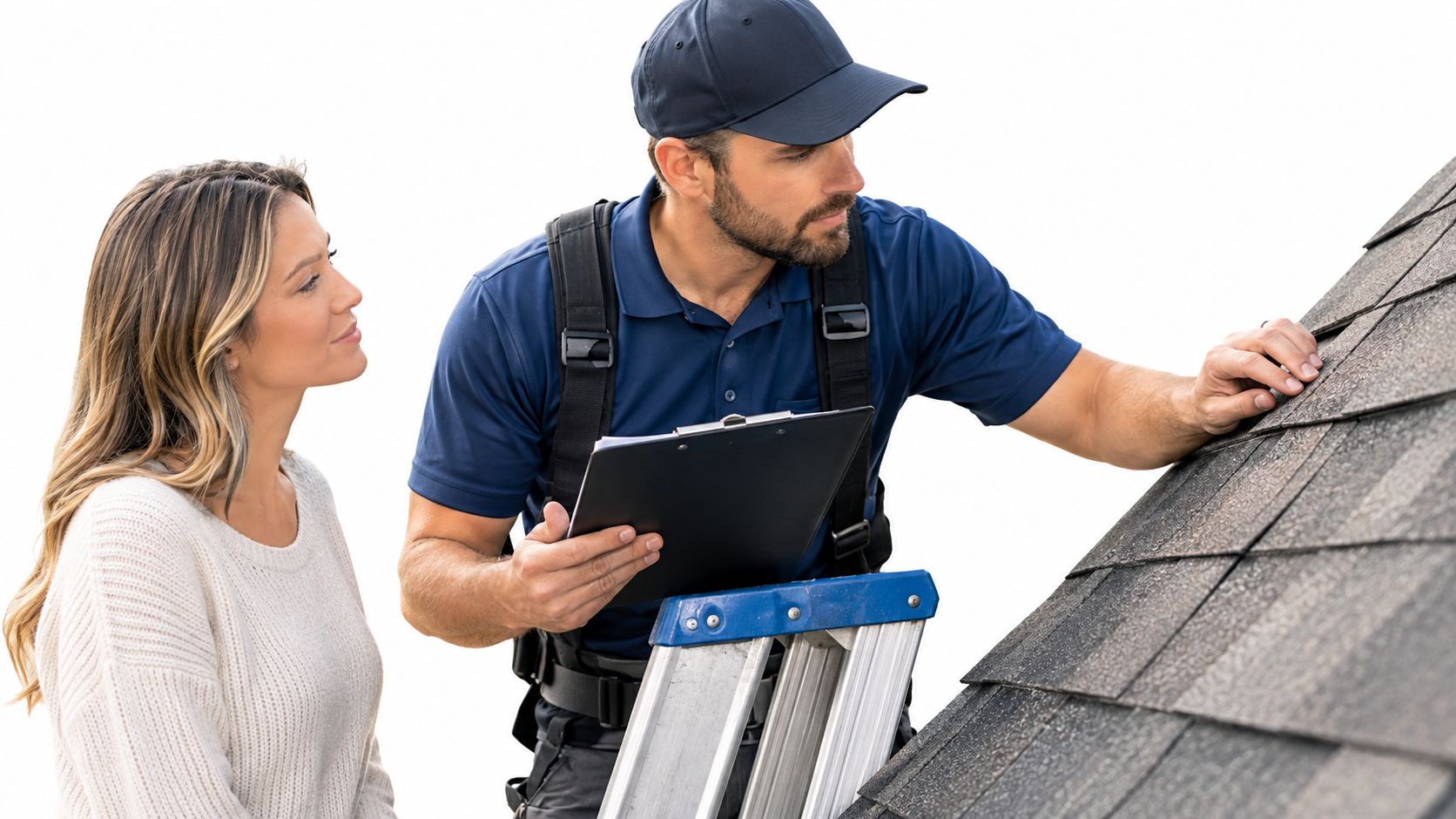 A professional roofer inspecting an asphalt shingle roof while explaining the details to a homeowner.