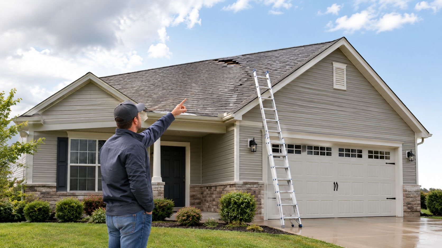 A professional roofing contractor inspecting damaged asphalt roof shingles on a residential house during the day.