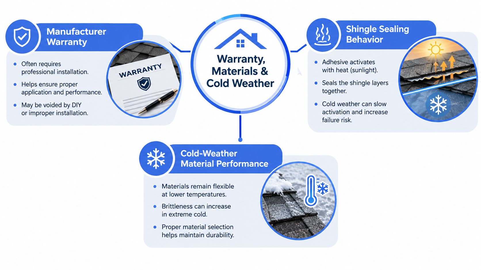 An infographic showing the impact of cold weather on roofing warranties, material performance, and shingle sealing.