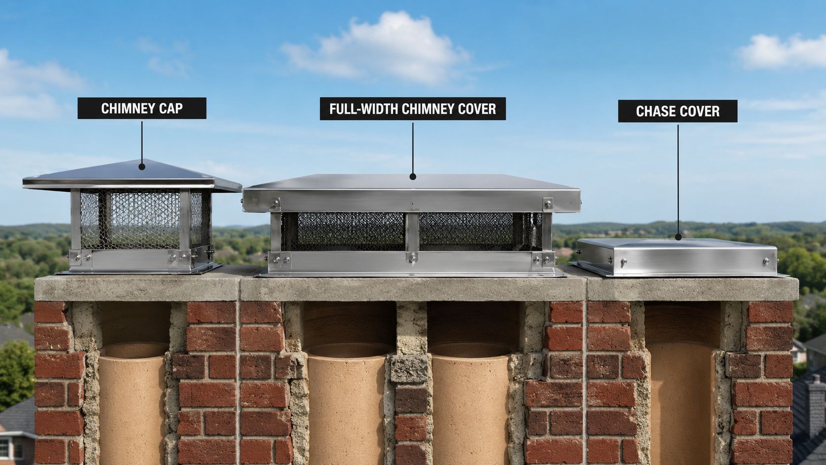 Three different types of stainless steel chimney caps and covers installed on a brick chimney structure.