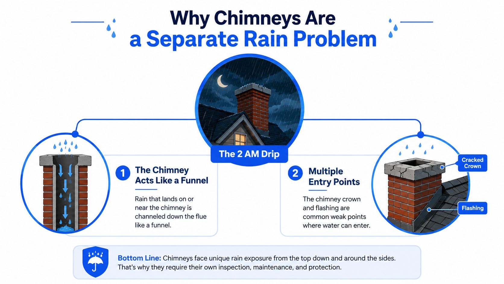 A diagram explaining why chimneys are prone to water damage, highlighting funneled rain and entry points.
