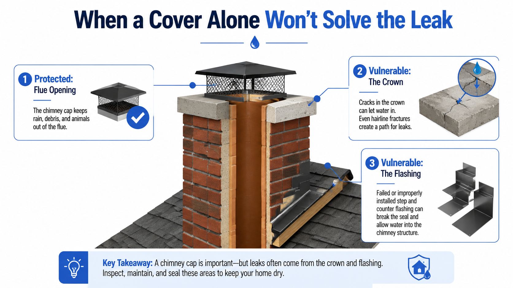 A diagram illustrating common sources of chimney leaks including the flue opening, crown, and roof flashing.