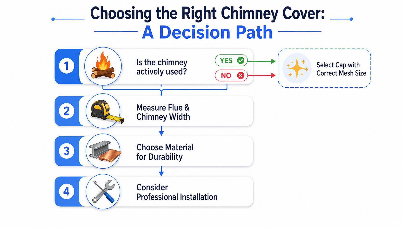 An infographic titled Choosing the Right Chimney Cover showing a four-step decision path for homeowners.