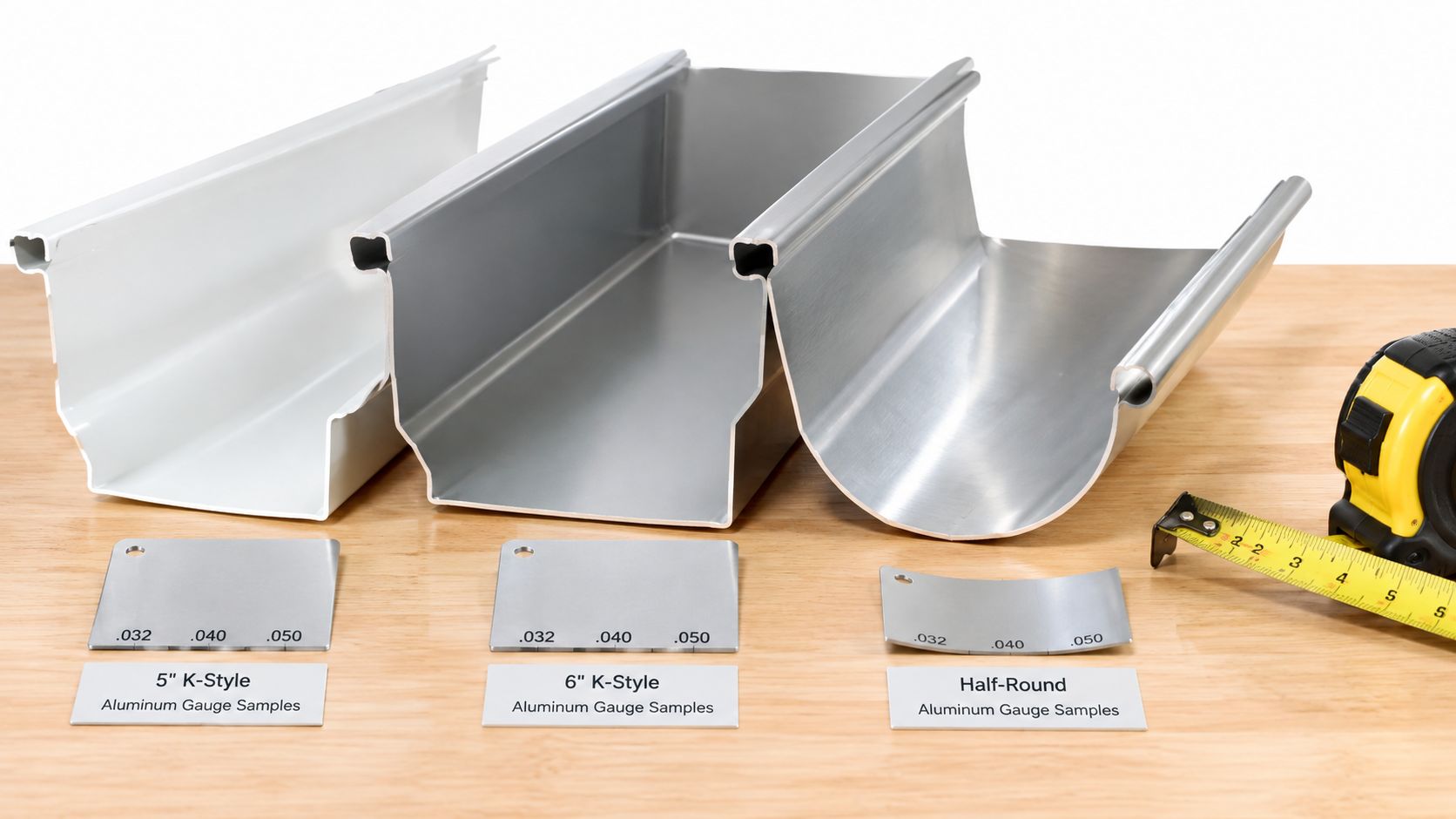 Three different sizes of aluminum seamless gutters with gauge samples displayed on a wooden workbench table.