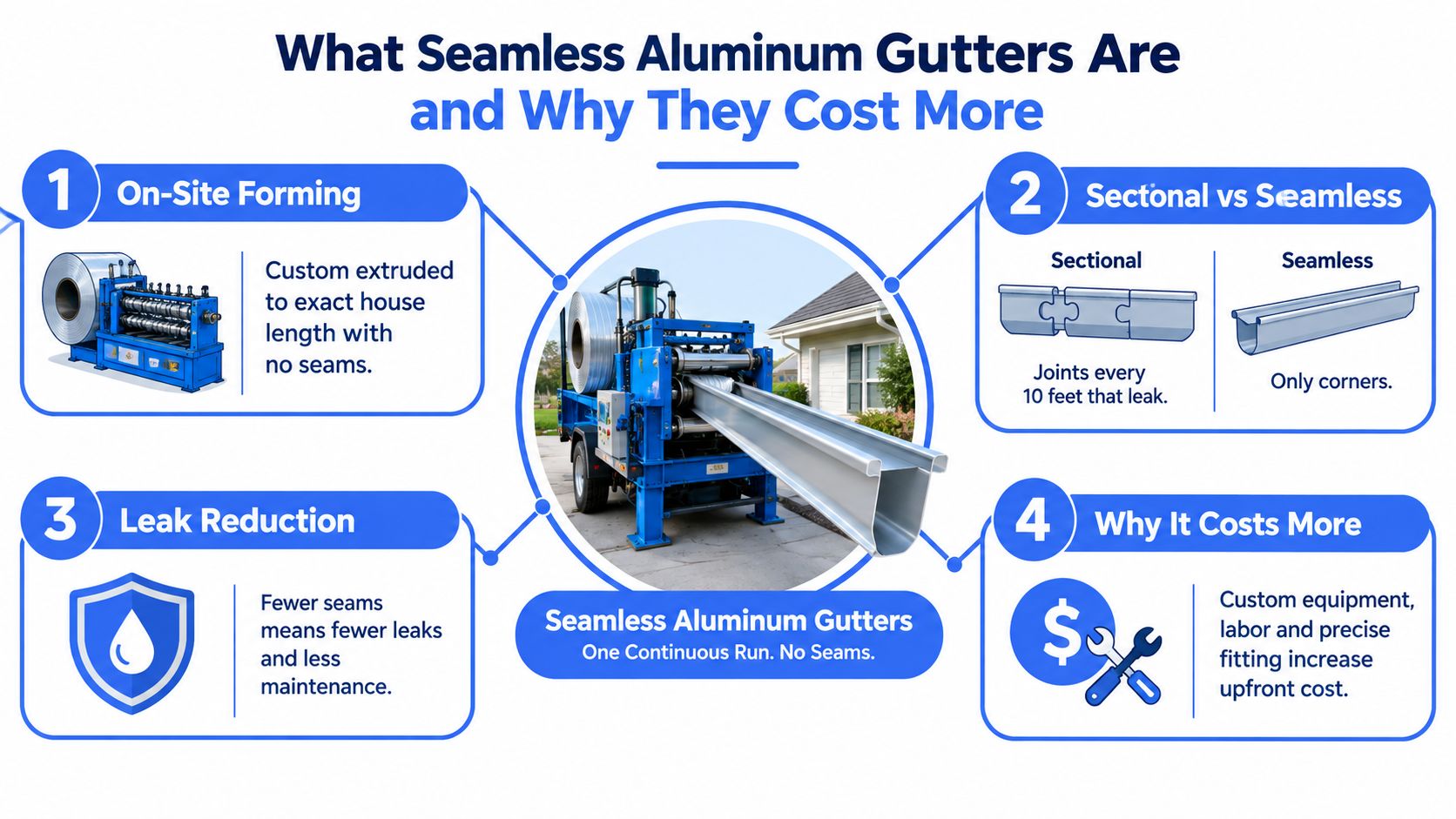 An infographic explaining the benefits and cost factors of seamless aluminum gutters for residential homes.
