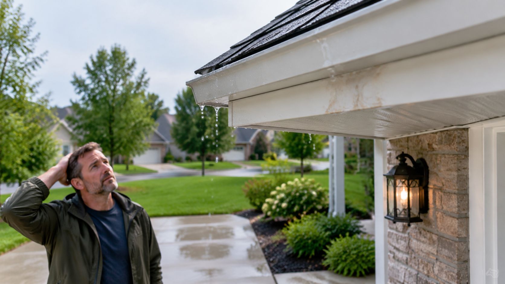 A concerned man looking up at a leaking gutter on the edge of his house roof.