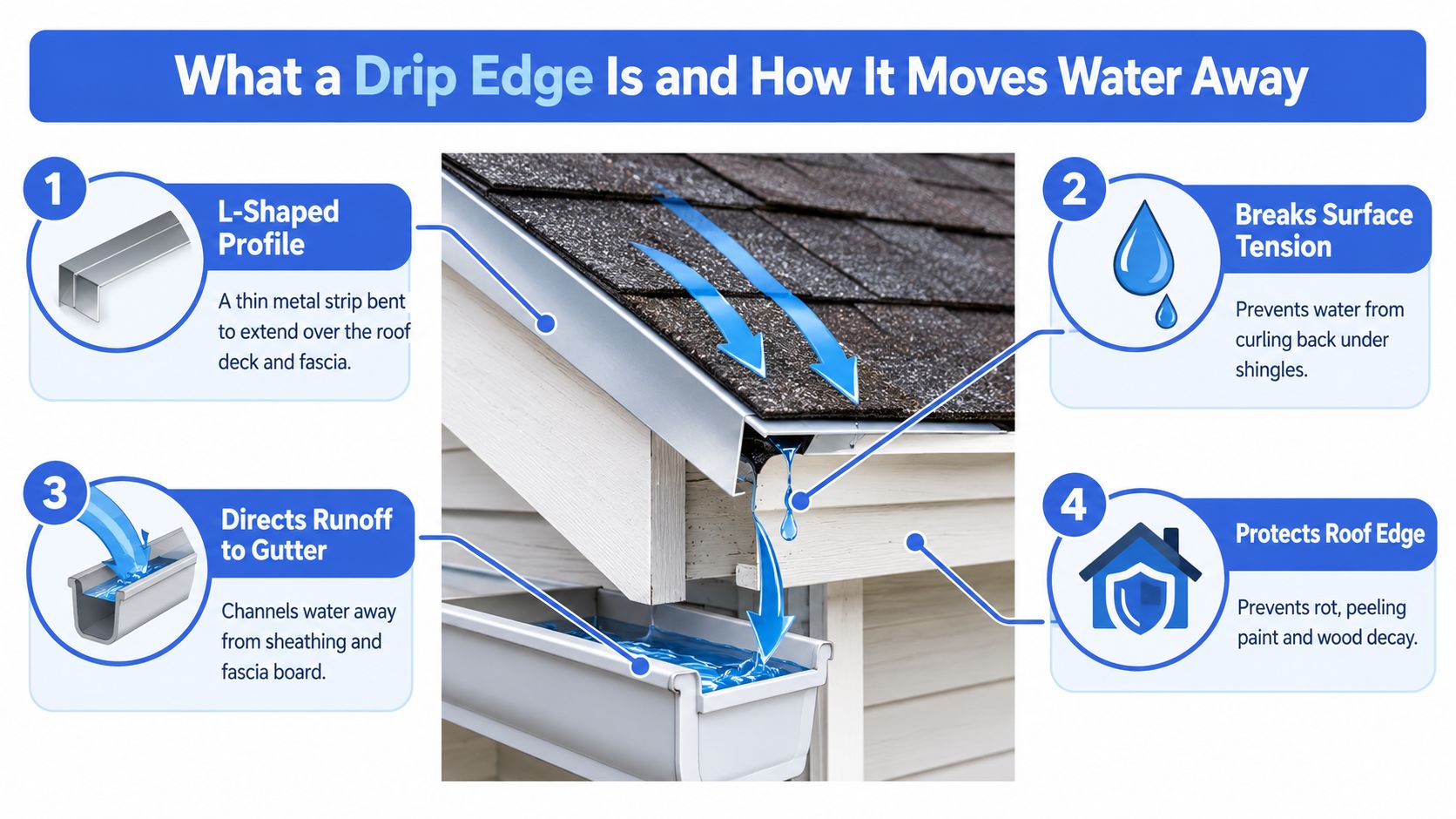 A diagram explaining how a metal drip edge is installed on a roof to direct water into gutters.