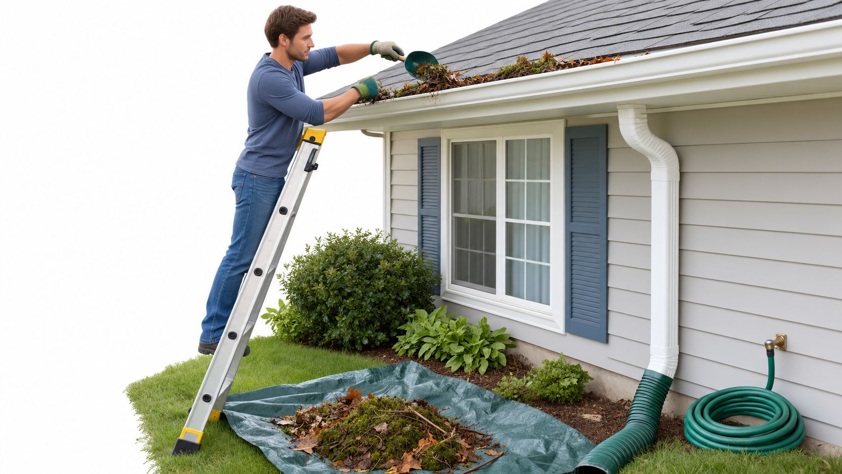 A man using a small scoop to remove debris from residential rain gutters while on a ladder.