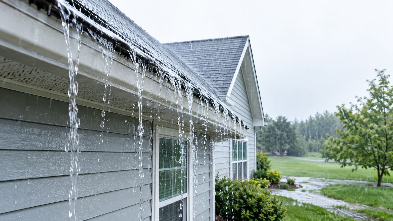 Rainwater overflowing from blocked house gutters during a heavy storm, cascading down the side of the building.