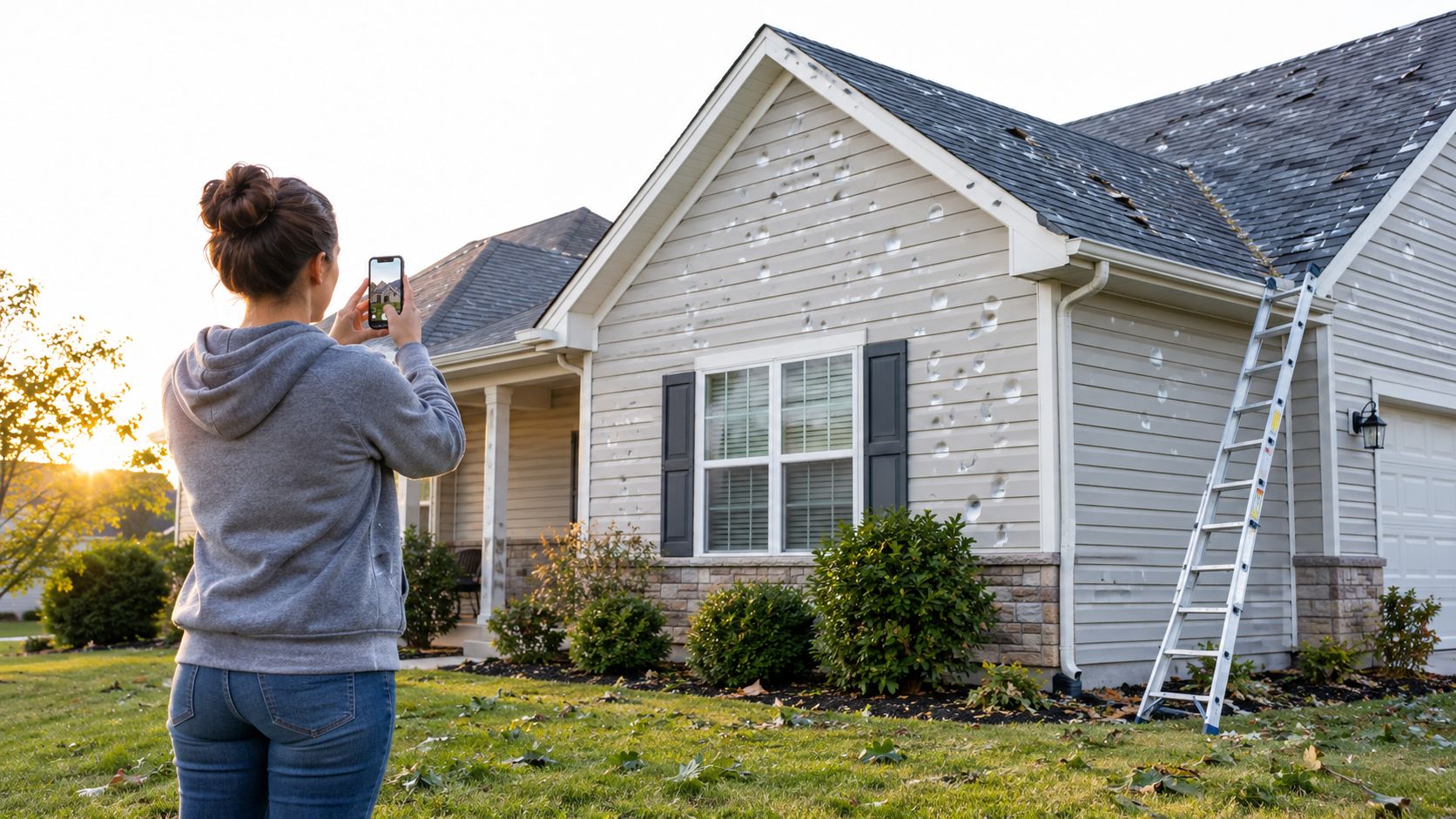 A homeowner using a smartphone to document hail damage on her house siding for an insurance claim.