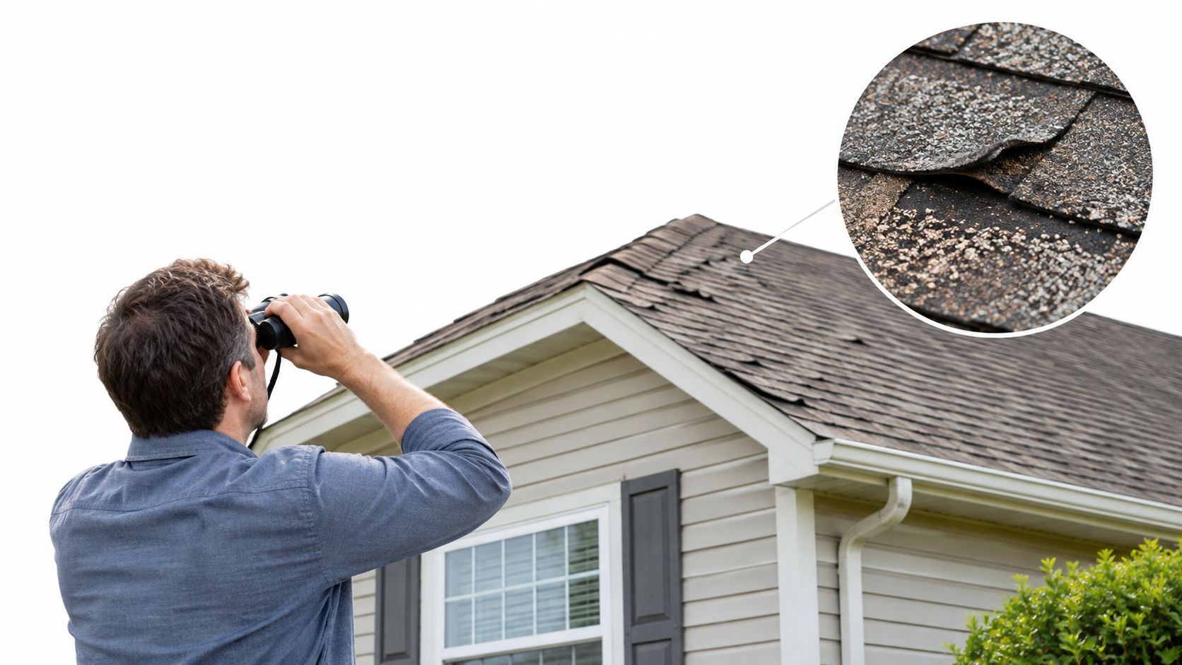 A man uses binoculars to inspect damaged, curling asphalt shingles on the roof of a house.