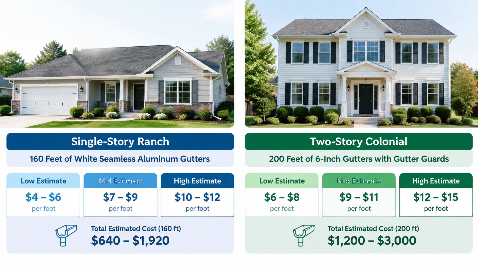 A price comparison infographic for gutter installation on a single-story ranch versus a two-story colonial home.