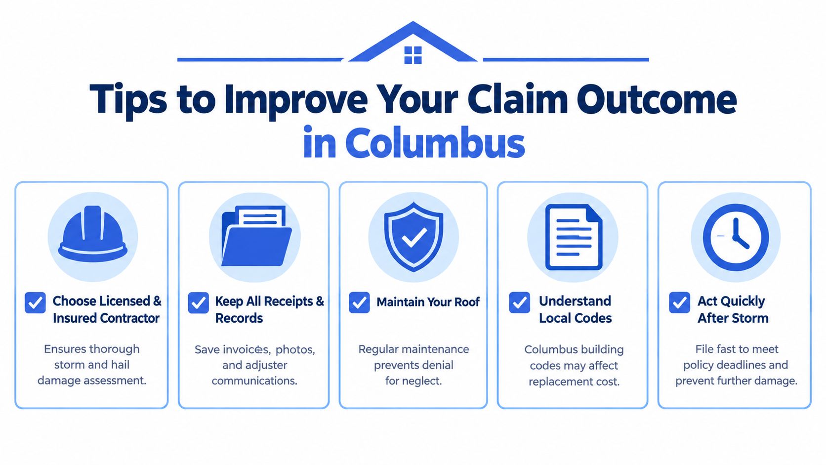 An infographic titled Tips to Improve Your Claim Outcome in Columbus listing five essential roof claim tips.