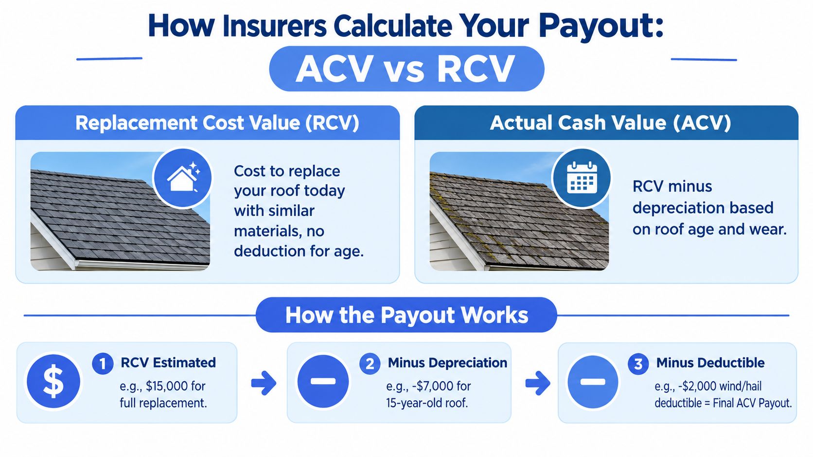 An infographic explaining the difference between Replacement Cost Value and Actual Cash Value for insurance roof claims.