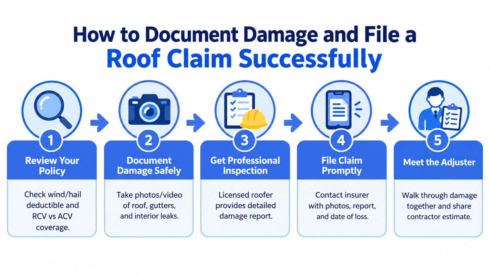 A five-step infographic showing how to document damage and successfully file an insurance roof claim.