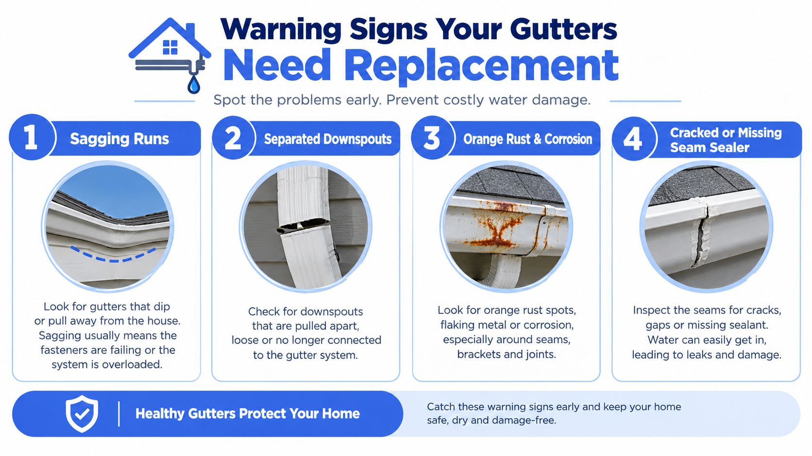 An infographic detailing four warning signs that indicate your home gutters need repair or replacement.