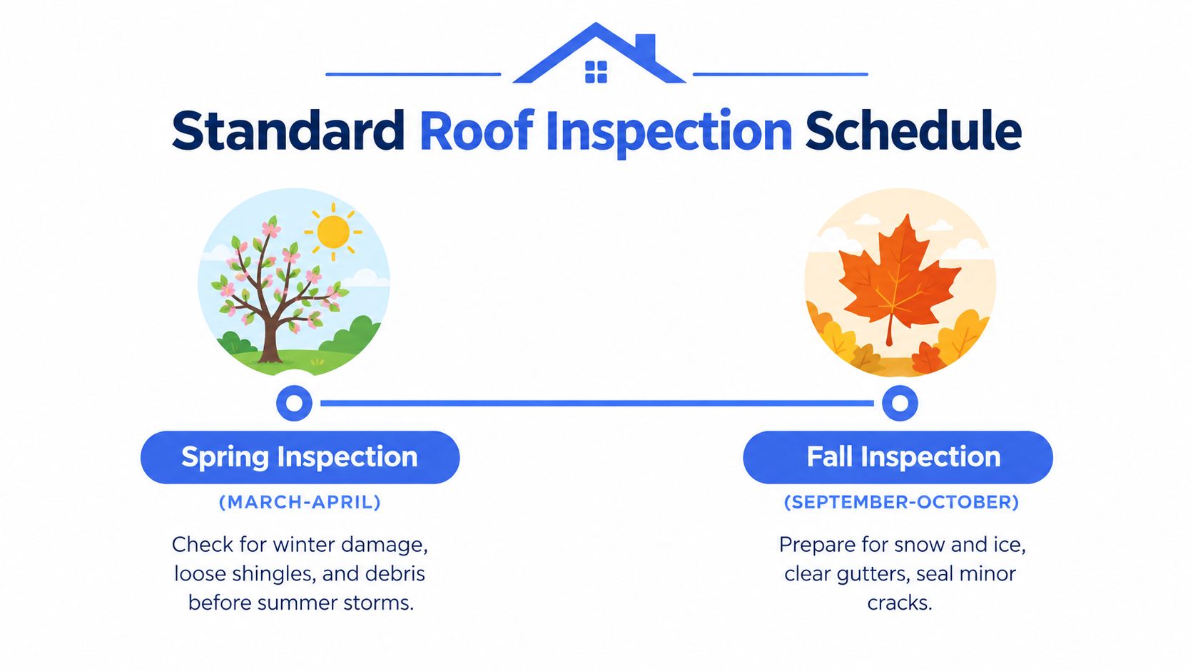 A graphic schedule for roof inspections in spring and fall to maintain roof health throughout the year.