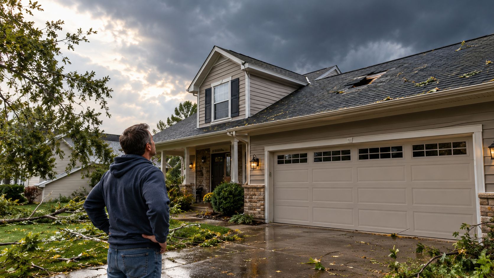 A concerned homeowner looking at storm damage on their house roof after a severe weather event.