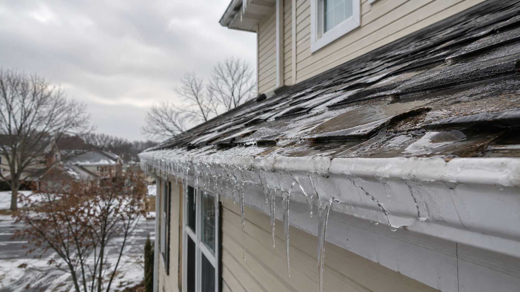 Close up of icy shingles and frozen icicles hanging from a house roof on a cloudy winter day.