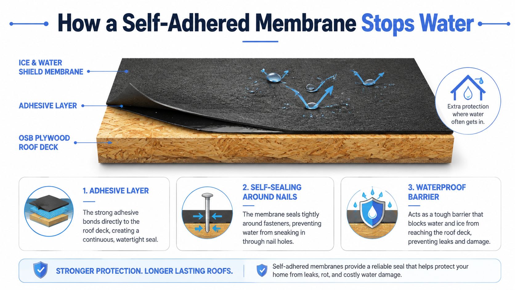 A diagram illustrating how a self-adhered roofing membrane provides a waterproof barrier for OSB plywood roof decks.