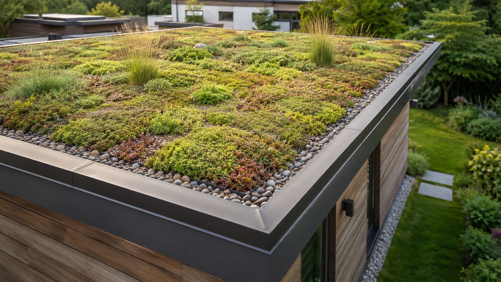A modern building with a lush green living roof featuring sedum plants and decorative stone borders.
