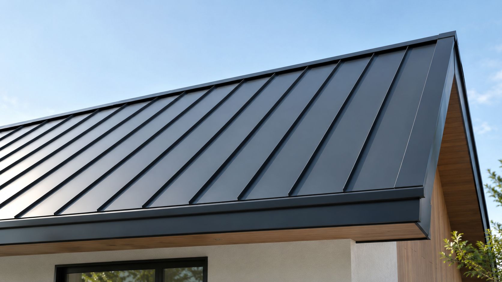A modern house with a sleek dark gray metal standing seam roof against a clear blue sky.