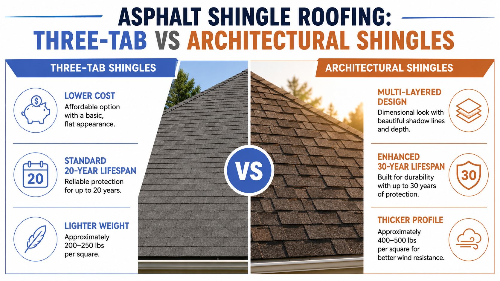 A comparison infographic between three-tab and architectural asphalt shingles detailing cost, lifespan, and weight differences.