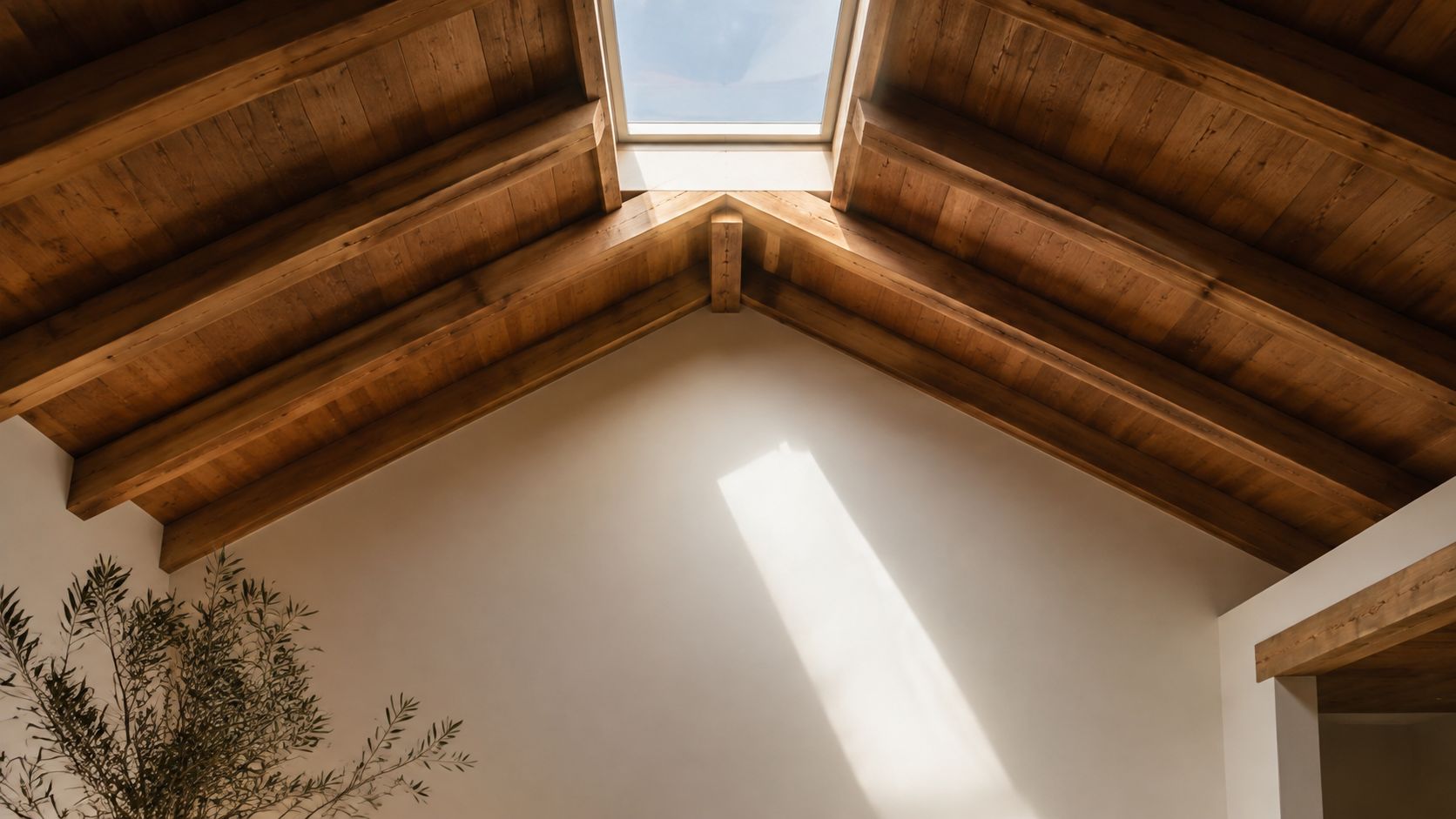 A high vaulted ceiling with natural wood beams and a central skylight illuminating a plain white wall.