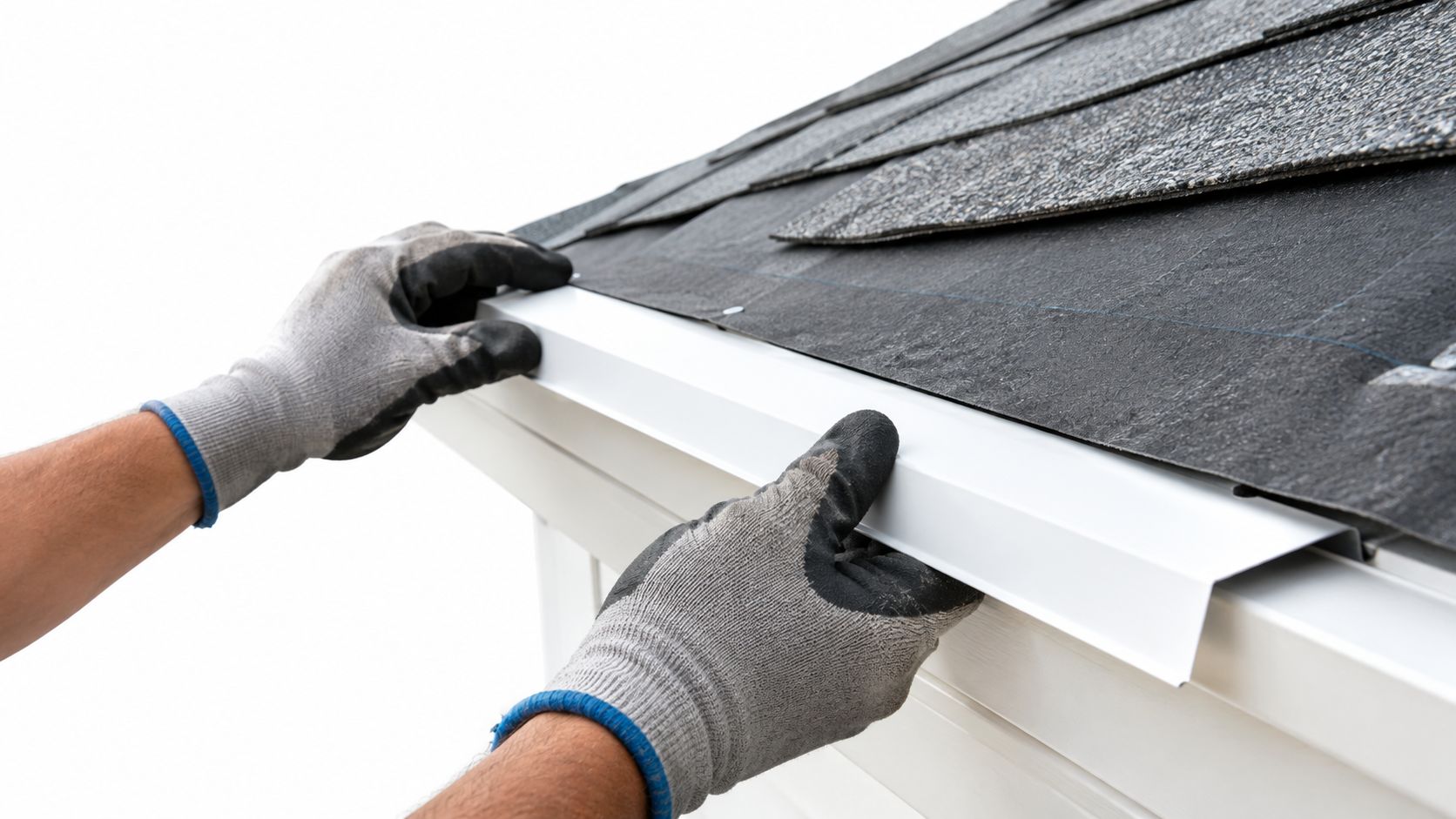 A construction worker installing white roof edge flashing on the eave of a house roof.