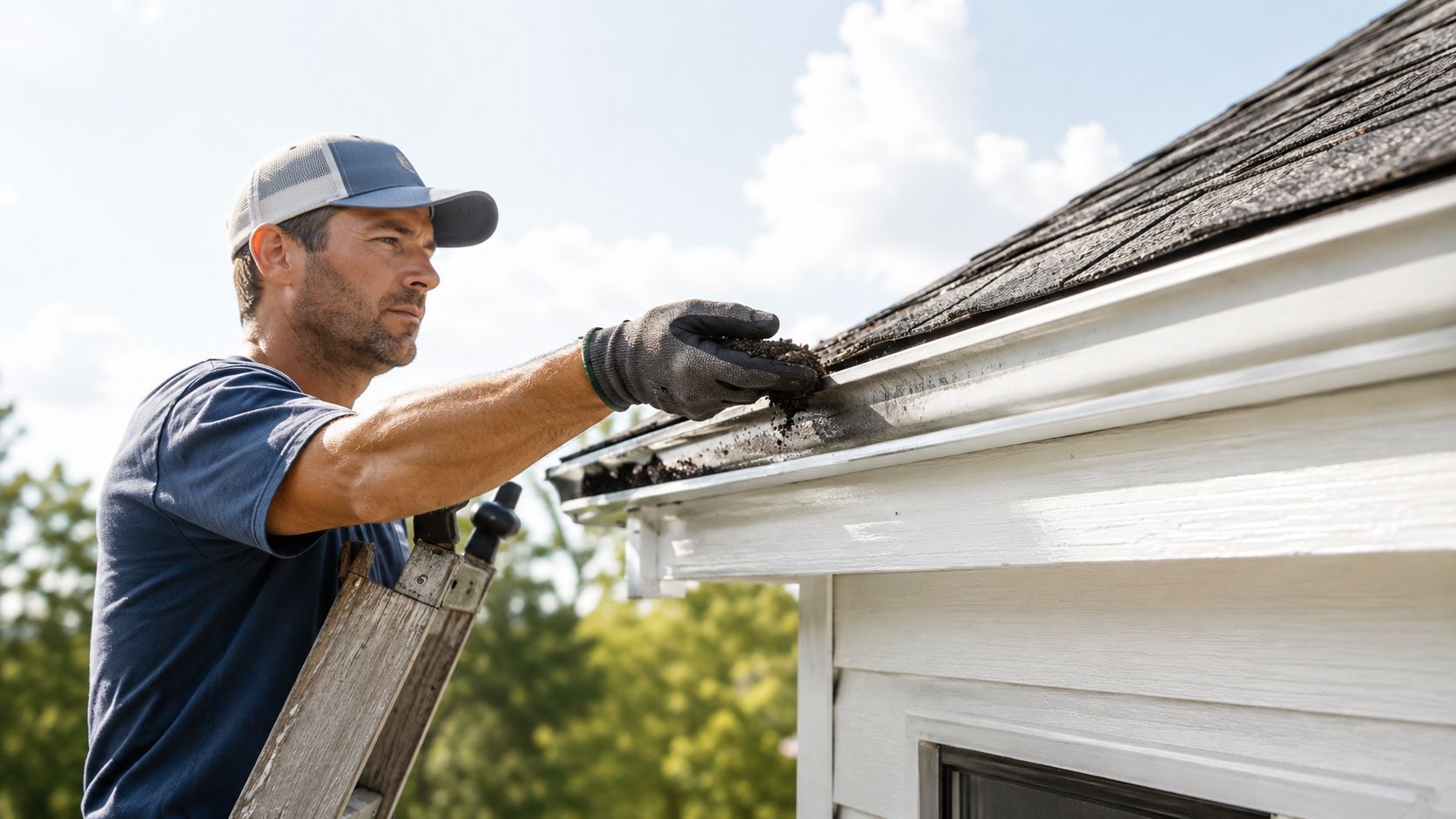 A professional maintenance worker cleaning debris and roof granules from a residential house gutter on a ladder.