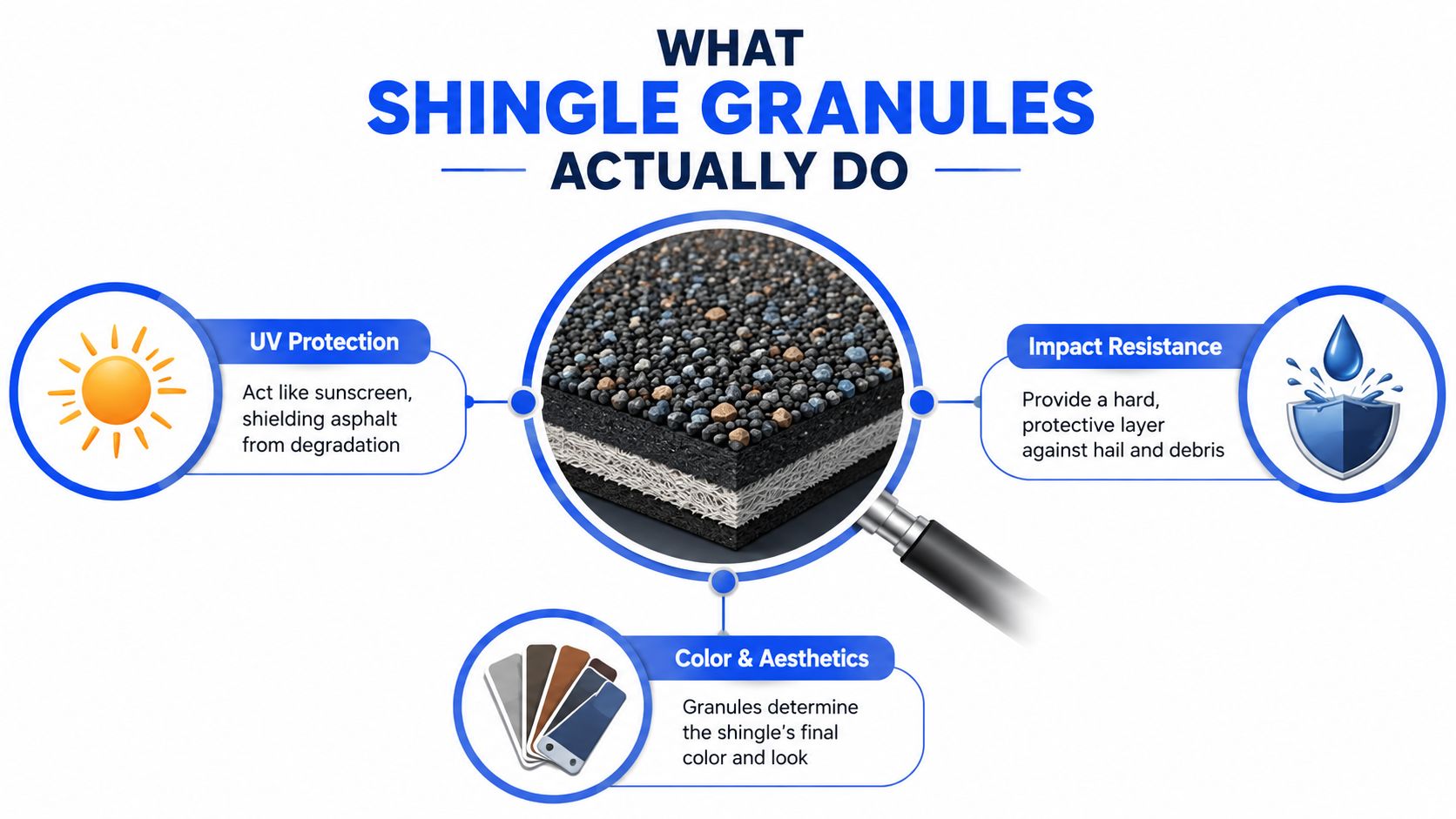 An educational infographic explaining the three main functions of roofing shingle granules: UV protection, impact resistance, and aesthetics.