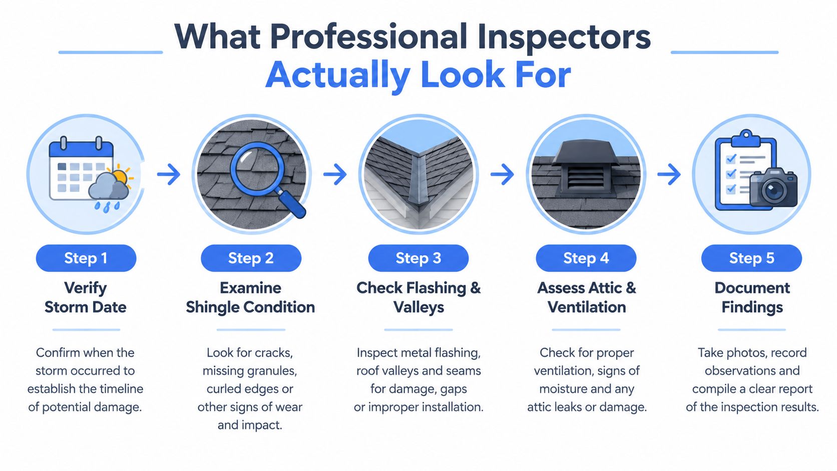 A five-step infographic showing what professional roof inspectors look for when evaluating storm damage on roofs.