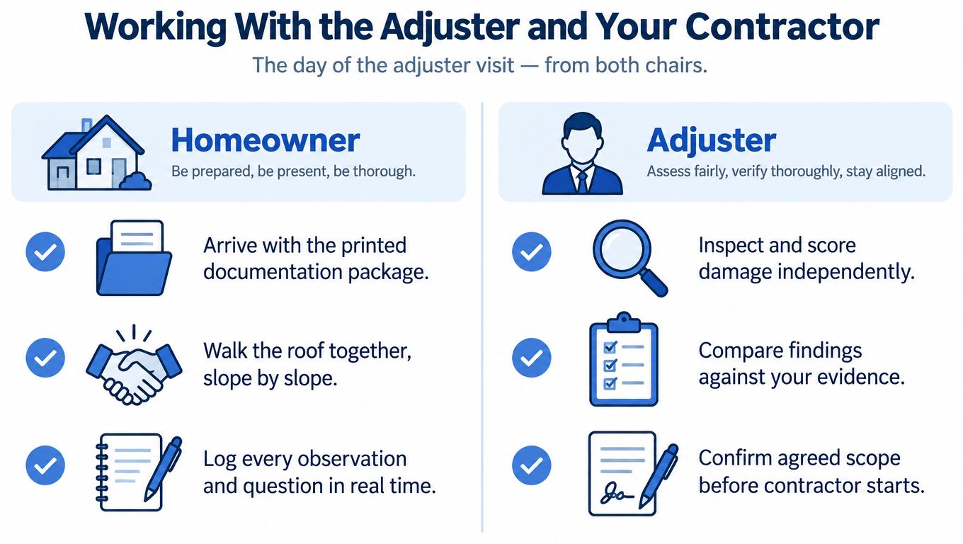 A guide infographic detailing best practices for homeowners and adjusters during a roof insurance inspection appointment.