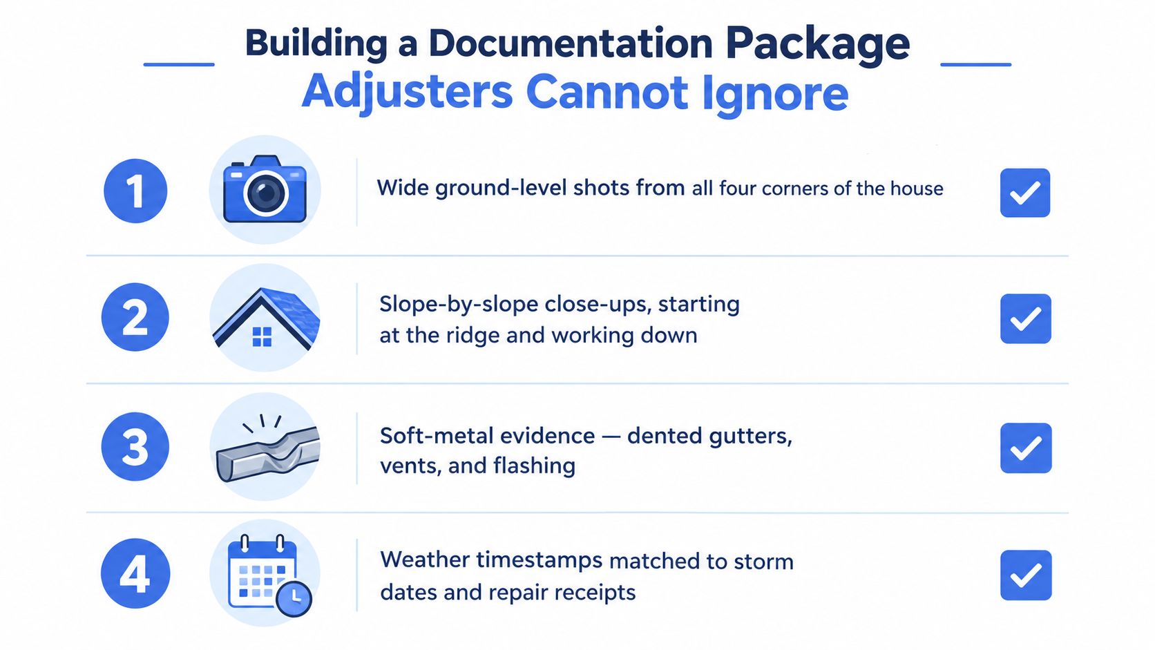 An infographic titled Building a Documentation Package Adjusters Cannot Ignore, listing four essential steps for insurance claims.