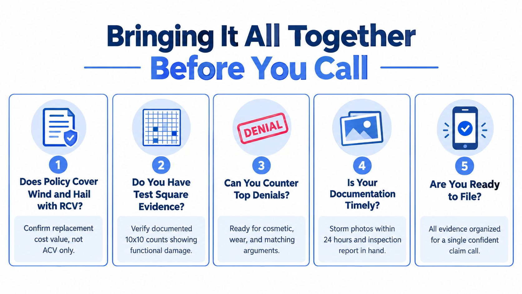An infographic checklist for homeowners preparing to file an insurance claim for wind and hail roof damage.