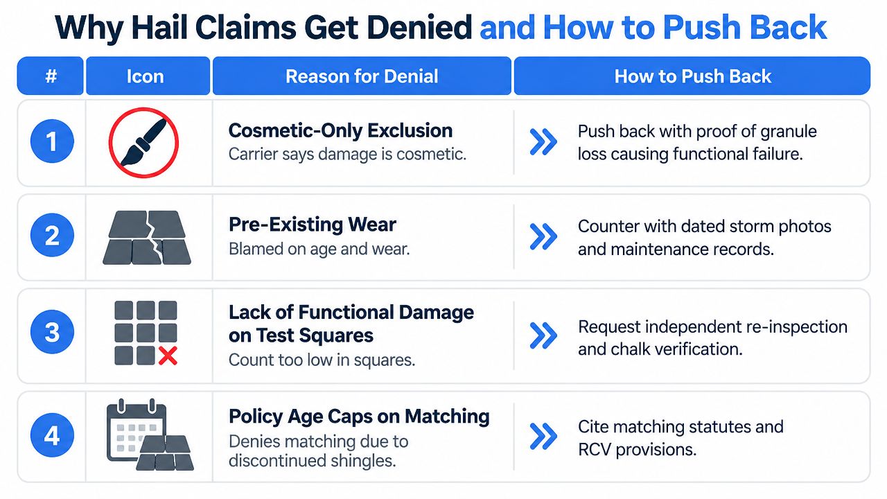 A table outlining four common reasons insurance carriers deny hail claims and how to contest them effectively.